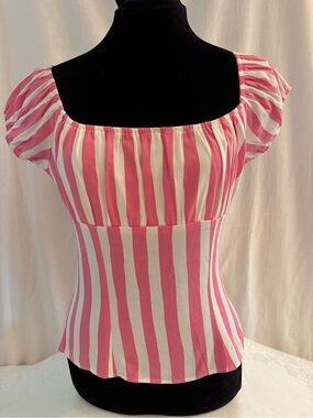 Pinup Couture Pink White Stripe Peasant Top Barbiecore Cottagecore Med